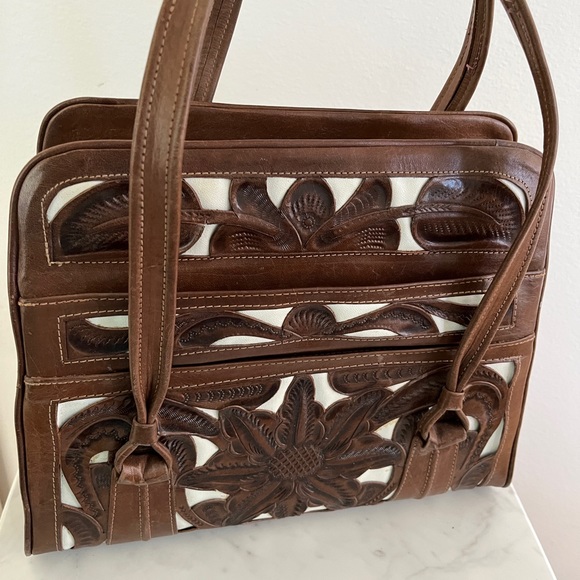 Vintage Tooled Leather Top Handle Purse Bag Two Tone Brown & White - Incredible! - Picture 1 of 16